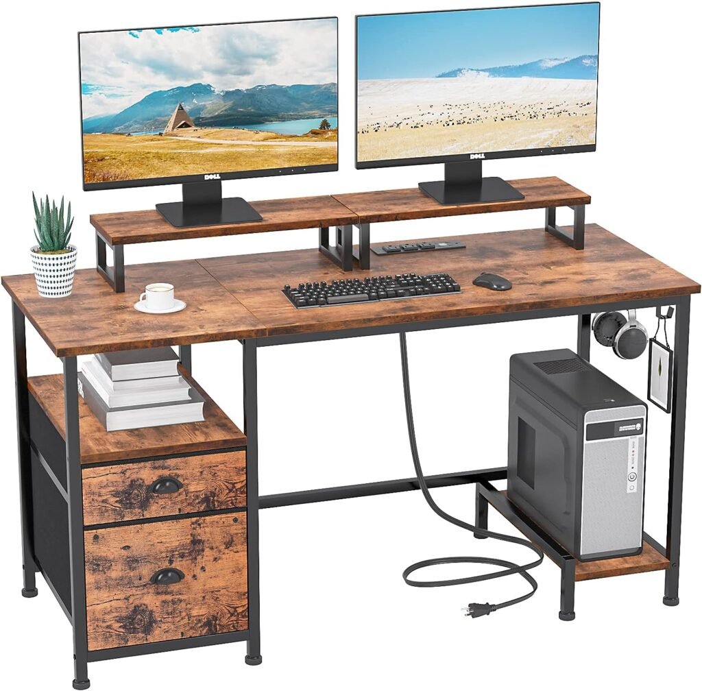 Furologee Computer Desk with Drawer and Power Outlets, 47 Office Desk with 2 Monitor Stands and Fabric File Cabinet, Writing Gaming Table with Shelves and 2 Hooks for Home Office, Rustic Brown