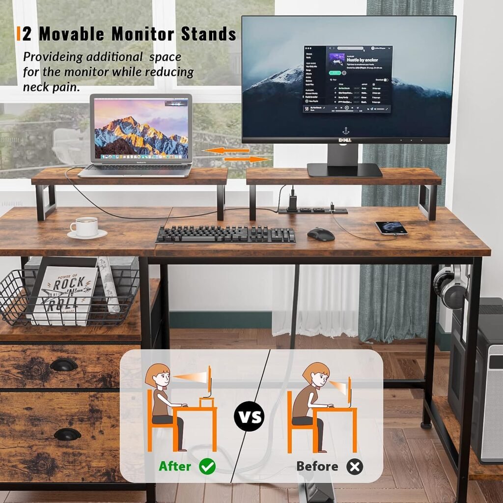 Furologee Computer Desk with Drawer and Power Outlets, 47 Office Desk with 2 Monitor Stands and Fabric File Cabinet, Writing Gaming Table with Shelves and 2 Hooks for Home Office, Rustic Brown