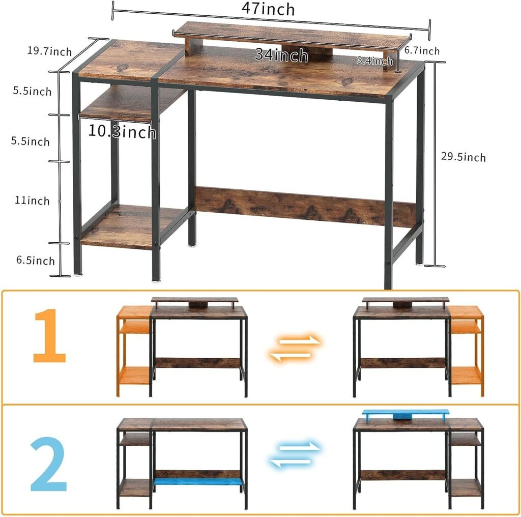 MINOSYS Gaming/Computer Desk - 47” Home Office Small Desk with Monitor Stand, Rustic Writing Desk for 2 Monitors, Adjustable Storage Space, Modern Design Corner Table.