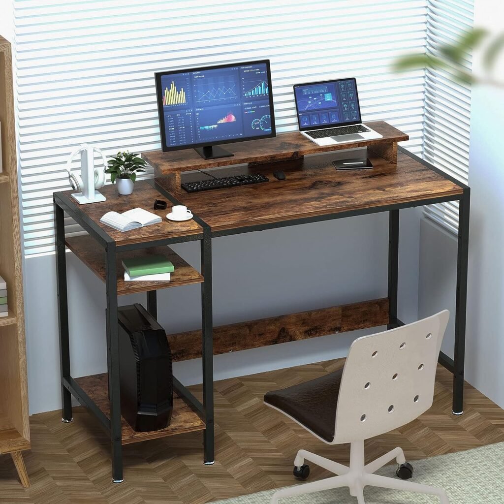 MINOSYS Gaming/Computer Desk - 47” Home Office Small Desk with Monitor Stand, Rustic Writing Desk for 2 Monitors, Adjustable Storage Space, Modern Design Corner Table.