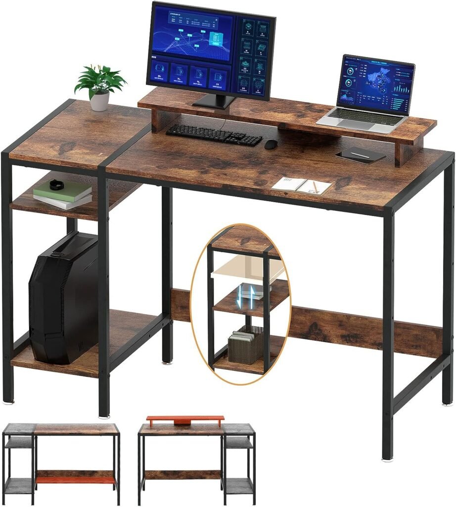 MINOSYS Gaming/Computer Desk - 47” Home Office Small Desk with Monitor Stand, Rustic Writing Desk for 2 Monitors, Adjustable Storage Space, Modern Design Corner Table.