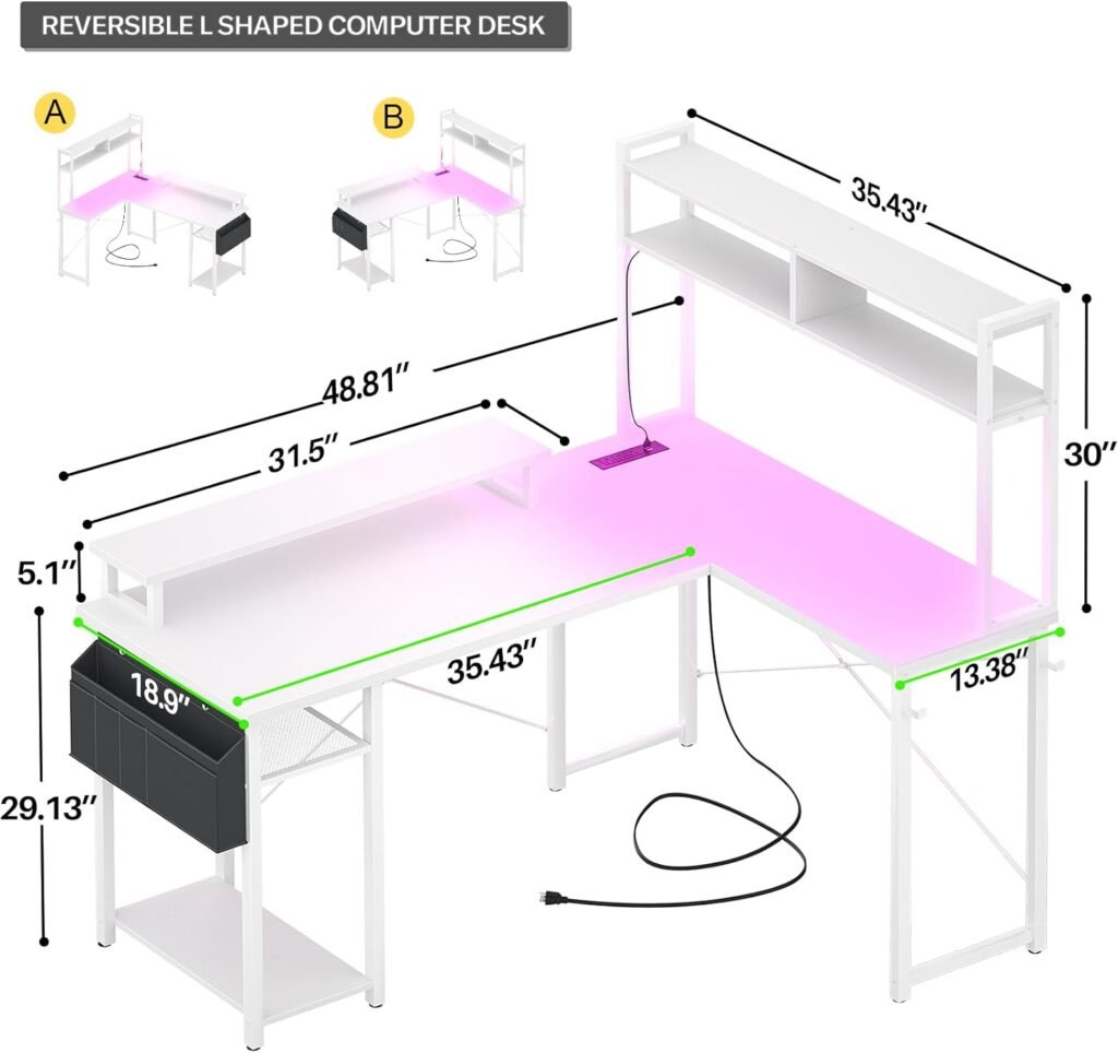 Aheaplus Small L Shaped Desk with Charging Port  LED Strip, Reversible L-Shaped Gaming Desk Computer Desk with Monitor Stand  Storage Shelf, Corner Desks Home Office Desk with Storage Bag, White