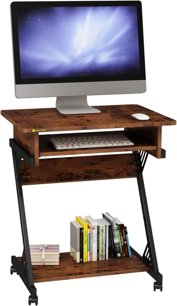 ALISENED 2 Tier Computer Desk with Keyboard Tray, 23.6 Home Office Desk Computer Workstation Rolling Study PC Laptop Table for Small Spaces,Z-Shaped Small Compact Study Table