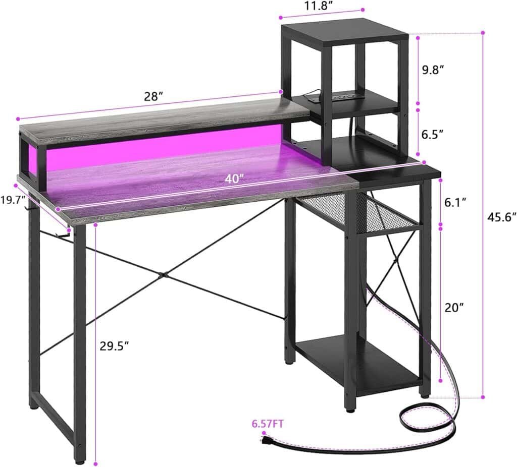 armocity 2023 Upgrade Gaming Desk with LED Lights, Small Computer Desk with Long Monitor Stand, 40 Reversible Laptop Table with Storage Shelves, Small Desk for Small Spaces, Gaming Room, Grey