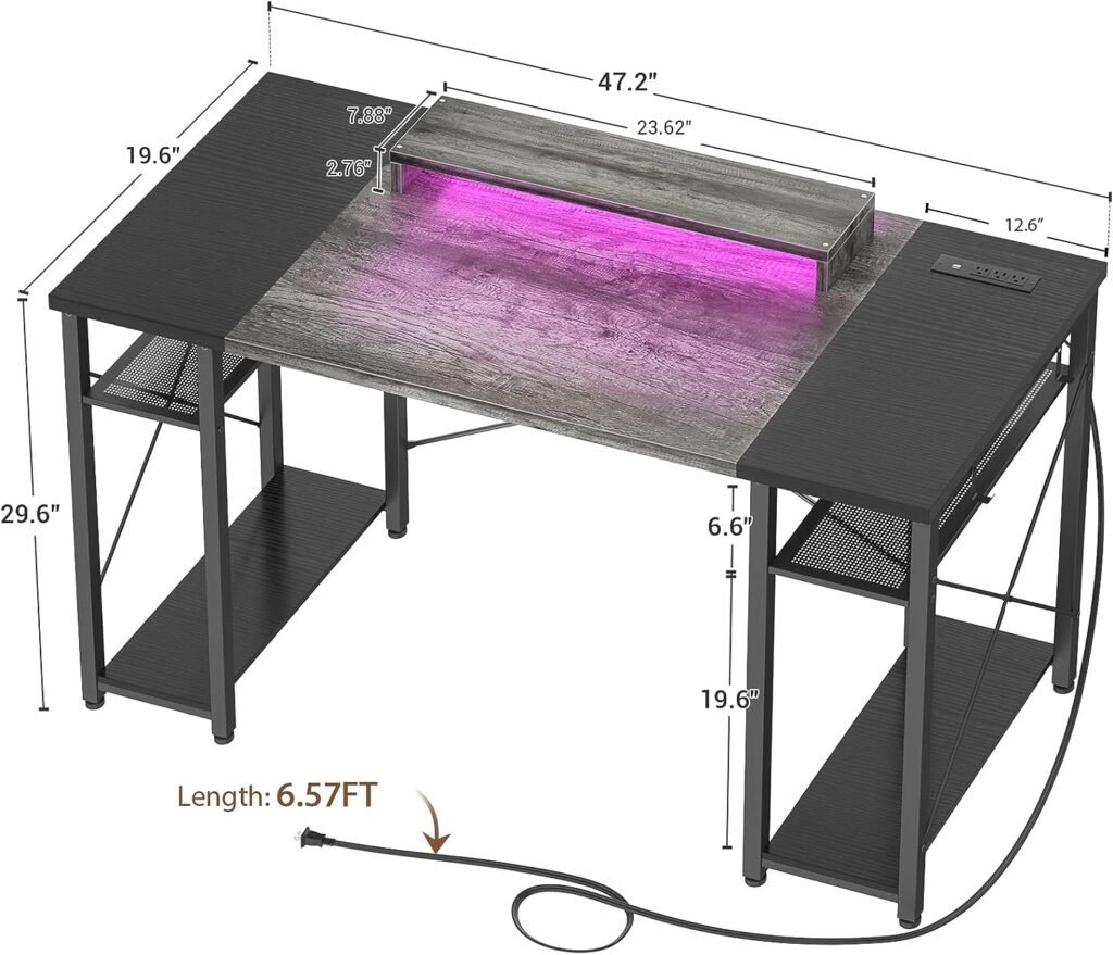 armocity Computer Desk with LED Lights, 48 Inch Desk with Power Outlet and USB, Reversible Large Desk with Moveable Monitor Stand, 48 Gaming PC Table for Home Office, Workstation, Grey and Black