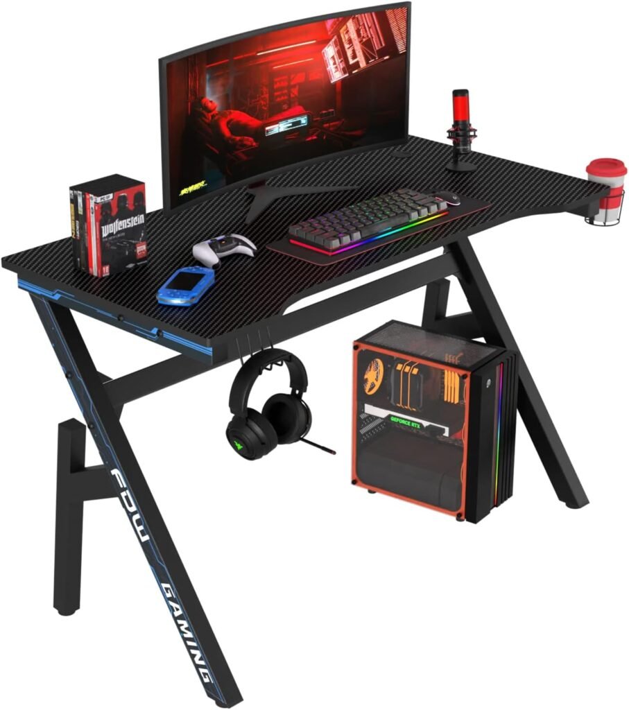 BestOffice Gaming Desk Computer Desk 47x 23 Home Office Desk Extra Large Modern Ergonomic Black PC Carbon Fiber Table Gamer Workstation with Cup Holder Headphone Hook,Blue