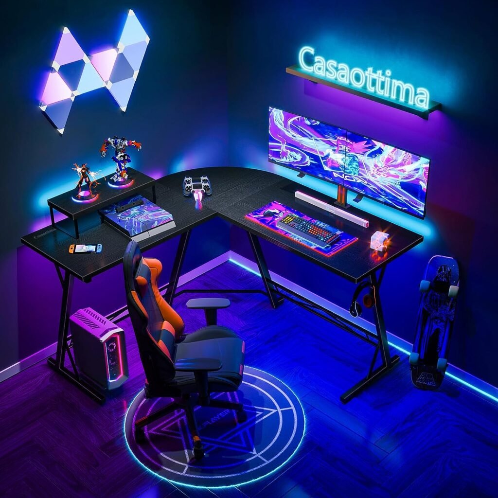 Casaottima Gaming Desk L Shaped Computer Desk, Corner Desk for Home Office with Monitor Stand 51, Black