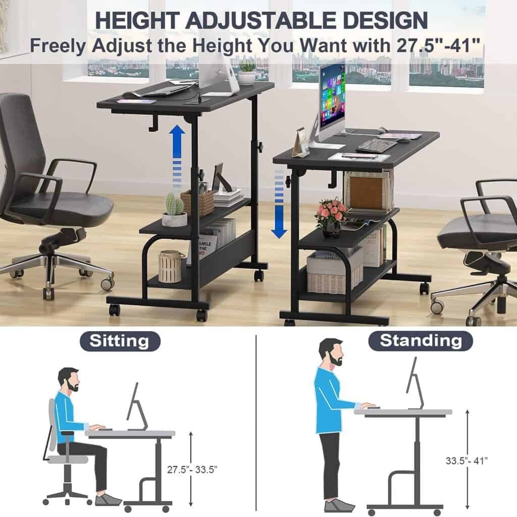 Height Adjustable Standing Desk with Power Outlets, 32 Manual Stand Up Desk with Storage Shelves Small Mobile Rolling Computer Desk Portable Laptop Table with Wheels for Home Office, Black