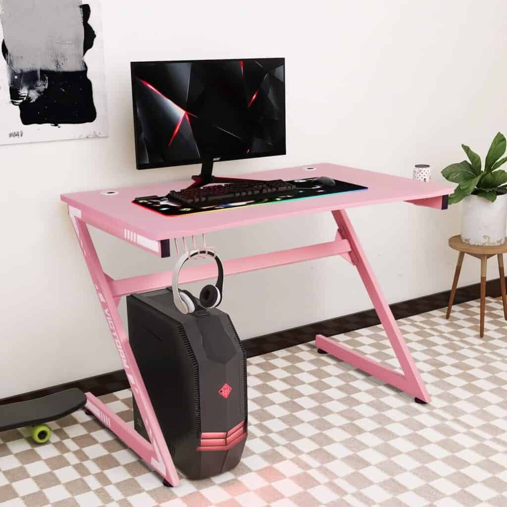 LAZZO Z-Shaped Gaming Desk PC Computer Desk Racing Gaming Table Gamer Workstation Home Office Desk with Cup Holder, Headphone Hook, 2 Cable Management Holes, Carbon Fibre Surface