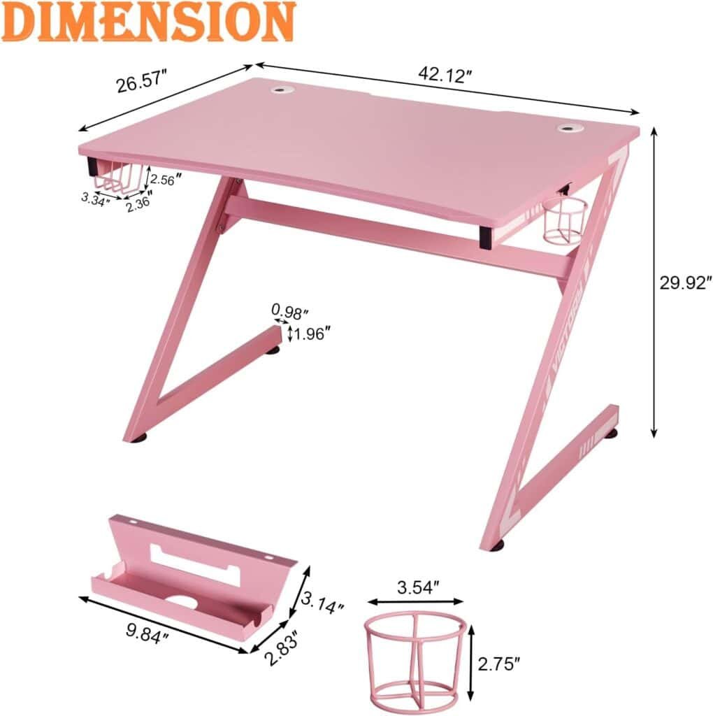 LAZZO Z-Shaped Gaming Desk PC Computer Desk Racing Gaming Table Gamer Workstation Home Office Desk with Cup Holder, Headphone Hook, 2 Cable Management Holes, Carbon Fibre Surface