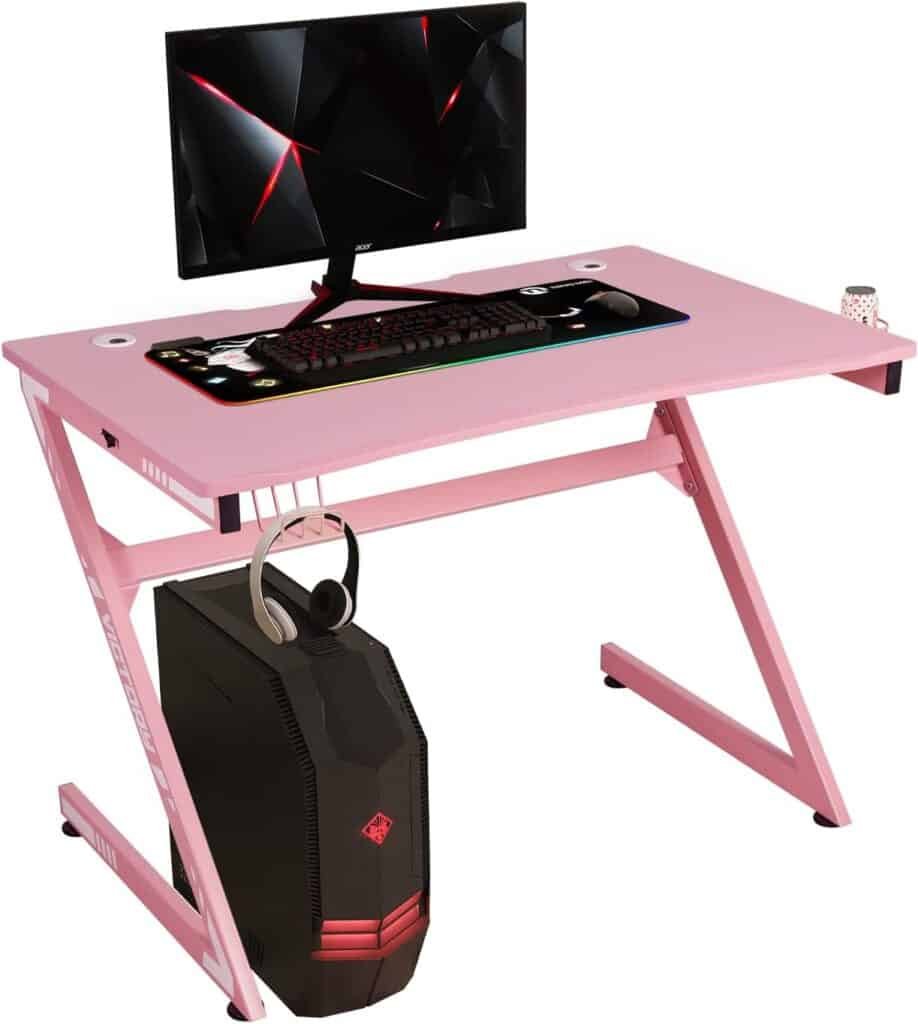 LAZZO Z-Shaped Gaming Desk PC Computer Desk Racing Gaming Table Gamer Workstation Home Office Desk with Cup Holder, Headphone Hook, 2 Cable Management Holes, Carbon Fibre Surface