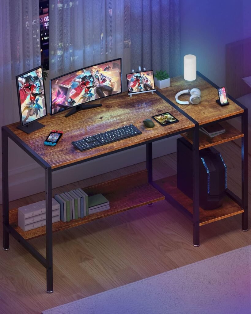 MINOSYS Computer Desk - 39” Gaming Desk, Home Office Desk with Storage, Small Desk with Monitor Stand, Rustic Writing Desk for 2 Monitors, Adjustable Storage Space, Modern Design Corner Table.