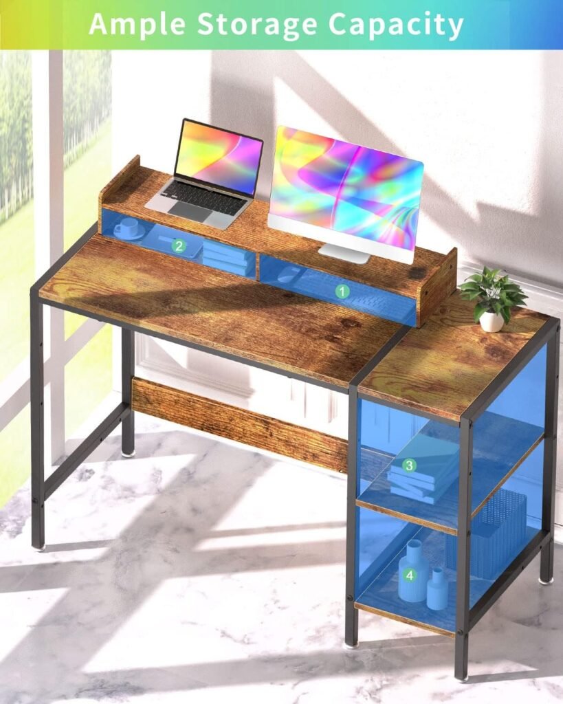 MINOSYS Computer Desk - 39” Gaming Desk, Home Office Desk with Storage, Small Desk with Monitor Stand, Rustic Writing Desk for 2 Monitors, Adjustable Storage Space, Modern Design Corner Table.