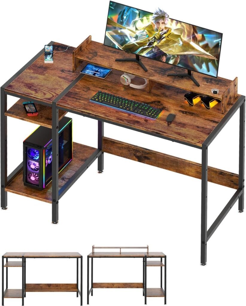 MINOSYS Computer Desk - 39” Gaming Desk, Home Office Desk with Storage, Small Desk with Monitor Stand, Rustic Writing Desk for 2 Monitors, Adjustable Storage Space, Modern Design Corner Table.