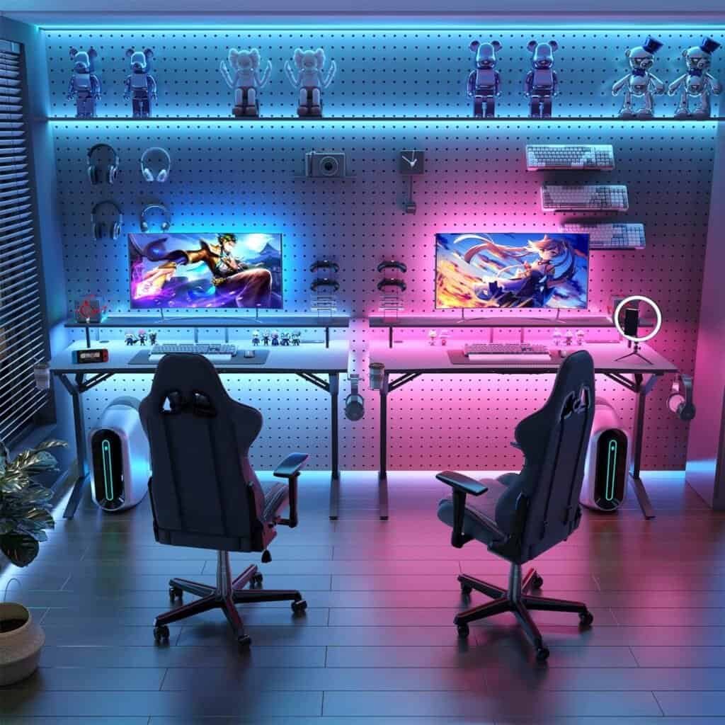 Mr IRONSTONE Gaming Desk 55 Inch with LED Lights  Power Outlets, Computer Gamer Desk with Full Mouse Pad  Carbon Fiber Surface, Y Shaped Leg Gamer Table with Monitor Stand, Gift for Boys Men