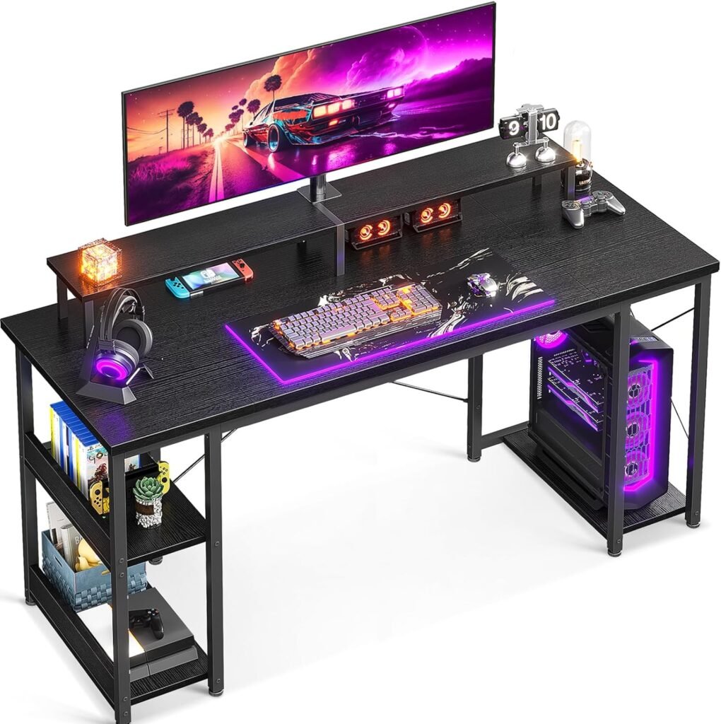 ODK 63 inch Computer Desk with Monitor Shelf and Storage Shelves, Gaming Desk, Study Table with CPU Stand  Reversible Shelves, Black