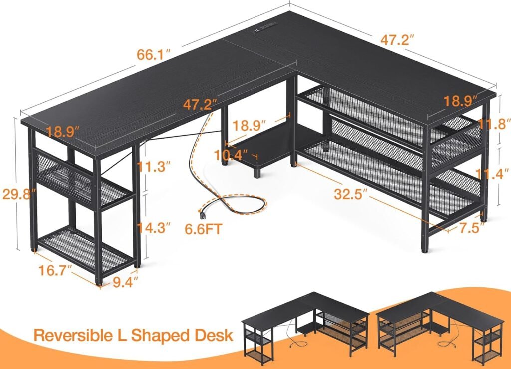 ODK 66 L Shaped Desk with Power Outlet and USB Charging Ports, Reversible L Shaped Computer Desk with Storage Shelves, Home Office Desk, Gaming Desk, Corner Desk, Black