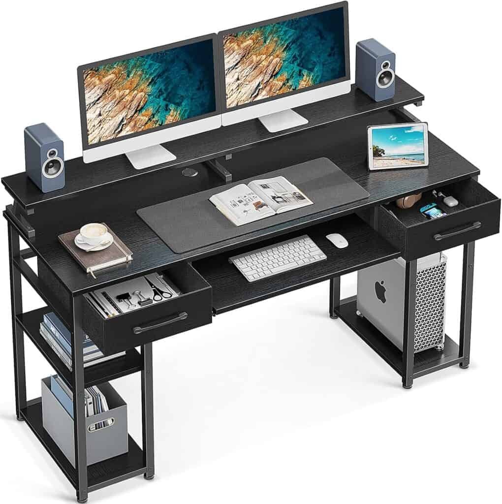 ODK Computer Desk, 55 Office Desk with Keyboard Tray, Writting Desk with Drawers and Monitor Stand, Study Table with CPU Stand and Removable Shelf for Storage, Black