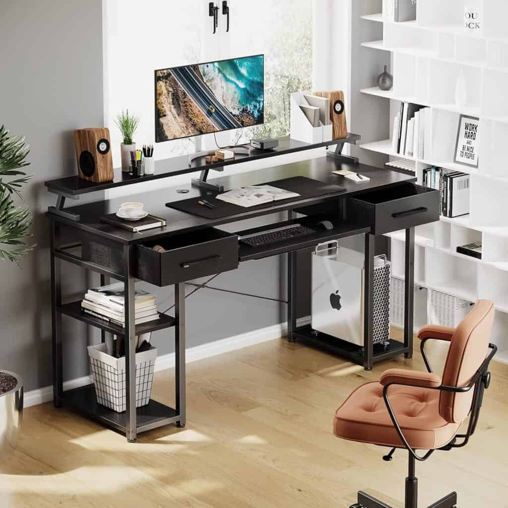 ODK Computer Desk, 55 Office Desk with Keyboard Tray, Writting Desk with Drawers and Monitor Stand, Study Table with CPU Stand and Removable Shelf for Storage, Black