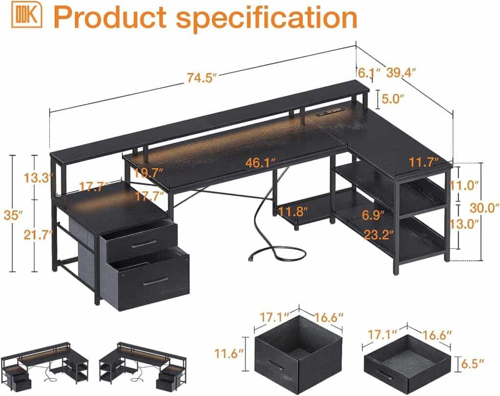 ODK L Shaped Desk with File Drawer, 75 Reversible L Shaped Computer Desk with Power Outlet  LED Strip, Office Desk with Storage Shelves, Gaming Desk with Monitor Shelf, Corner Desk, Black