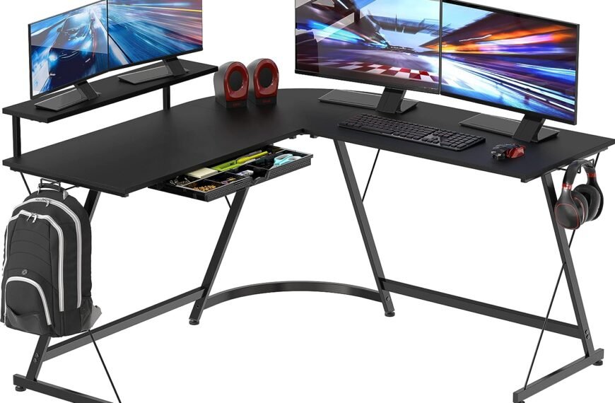 SHW Vista L-Shape Desk with Monitor Stand, Black Review