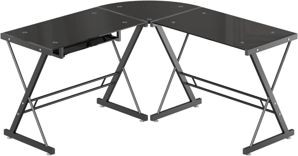 Wellynap L Shaped Glass Computer Desk,Corner L Desks Writing Desk, Gaming Table with Key Board, Space-Saving Workstation for Home, Office, Black