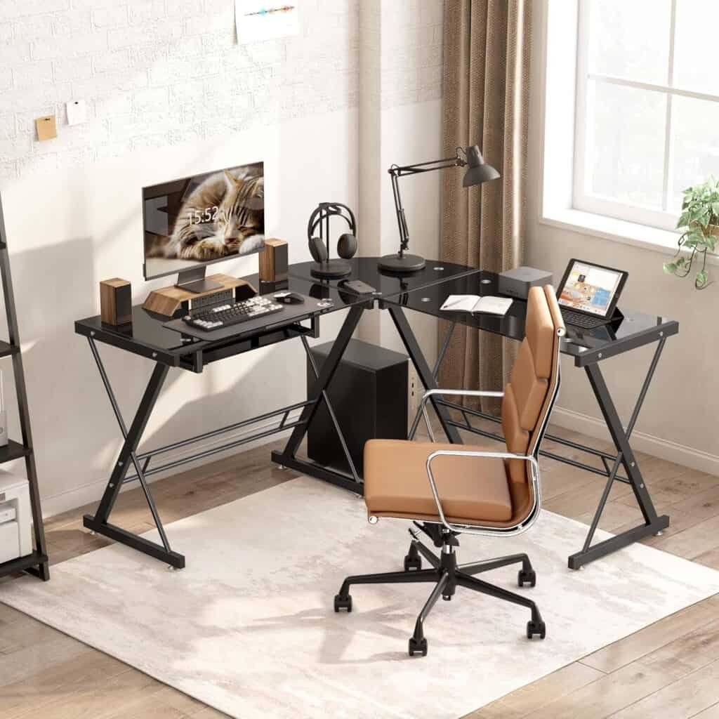 Wellynap L Shaped Glass Computer Desk,Corner L Desks Writing Desk, Gaming Table with Key Board, Space-Saving Workstation for Home, Office, Black