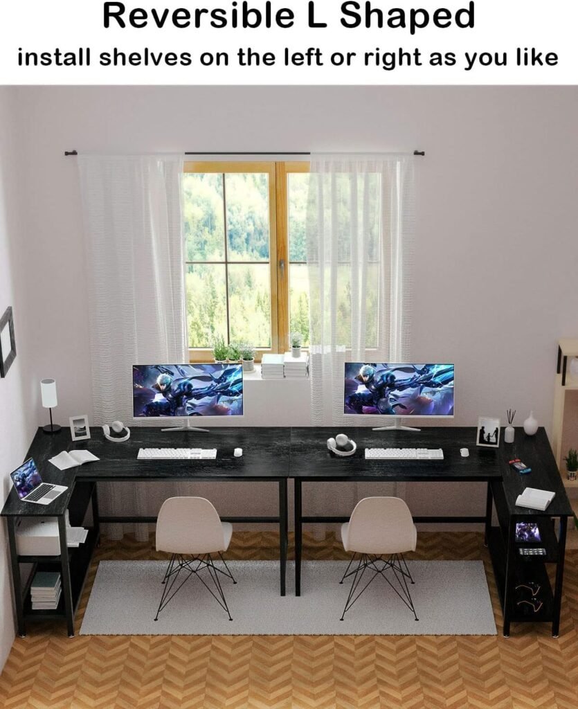 WOODYNLUX L Shaped Computer Desk - Home Office Desk with Shelf, Gaming Desk Corner Table for Work, Writing and Study, Space-Saving, Black