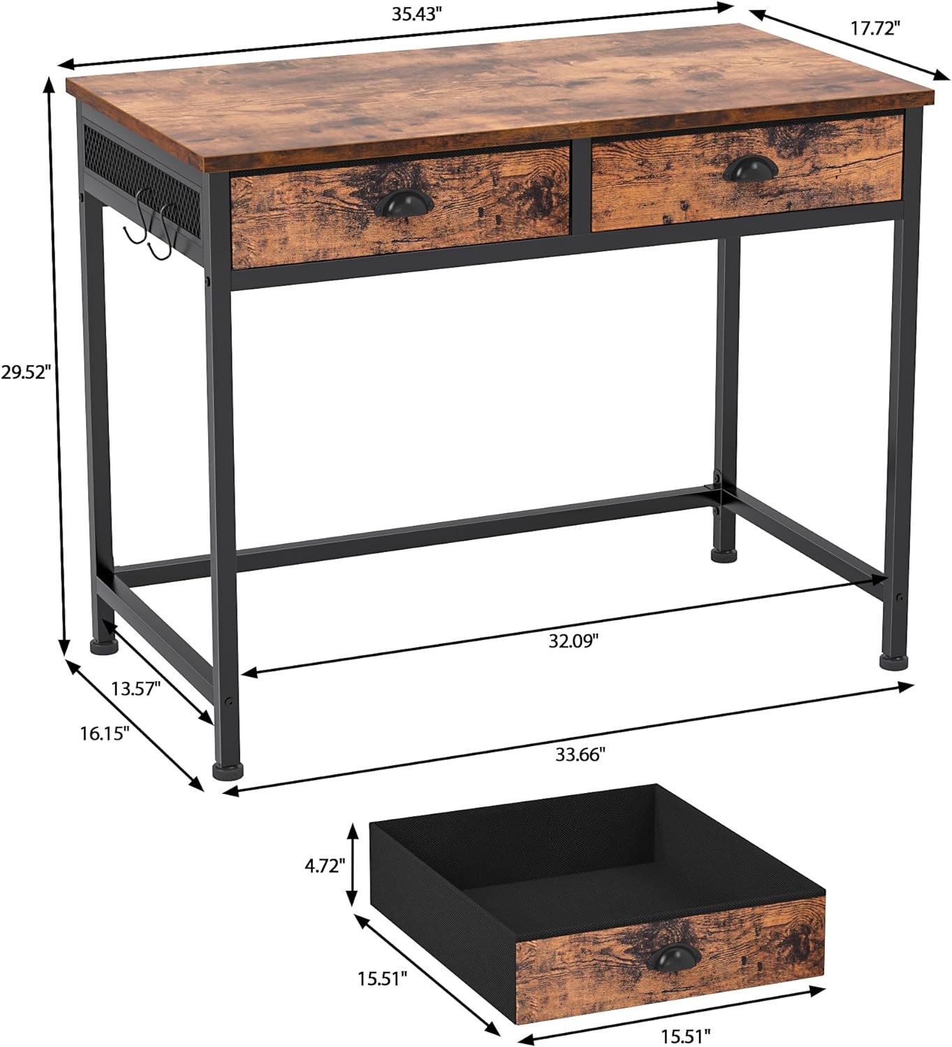 Furologee Computer Desk with 2 Fabric Drawers, Small Home Office Writing Desk, Vanity Desk with Hooks, Simple Study Desk for Small Spaces, Makeup Dressing Table, Rustic Brown