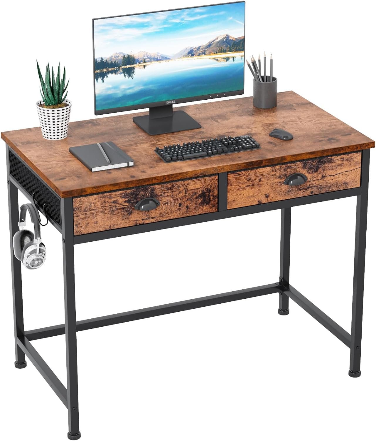 Furologee Computer Desk with 2 Fabric Drawers, Small Home Office Writing Desk, Vanity Desk with Hooks, Simple Study Desk for Small Spaces, Makeup Dressing Table, Rustic Brown