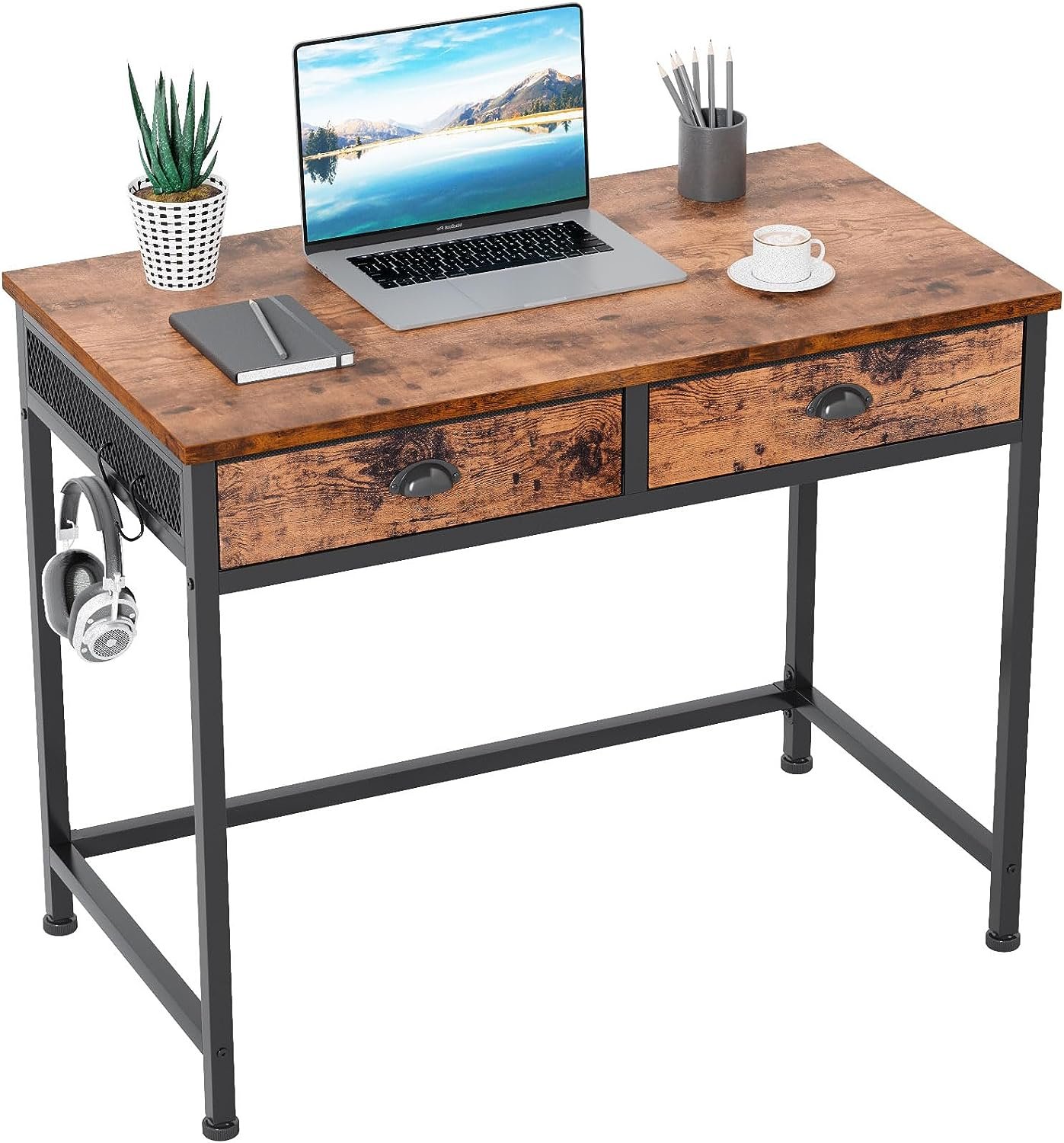 Furologee Computer Desk with 2 Fabric Drawers, Small Home Office Writing Desk, Vanity Desk with Hooks, Simple Study Desk for Small Spaces, Makeup Dressing Table, Rustic Brown