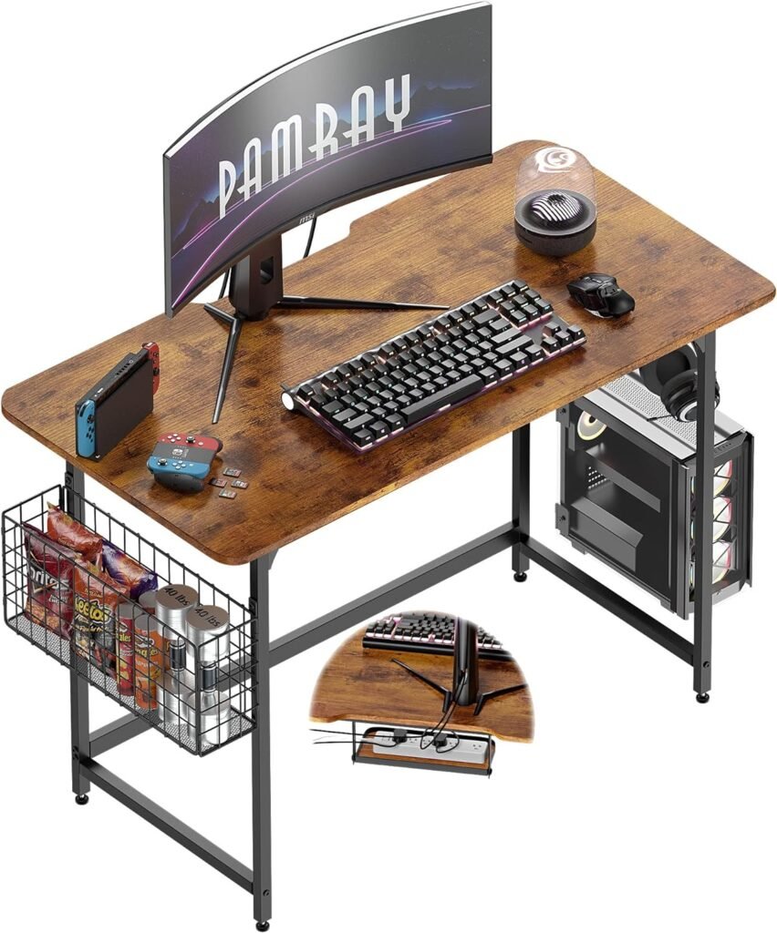 Pamray 32 Safety Rounded Corner Home Office Desk with Cable Trough and Under Desk Cable Management Simple Computer Desk for Work and Gaming, Vintage Brown