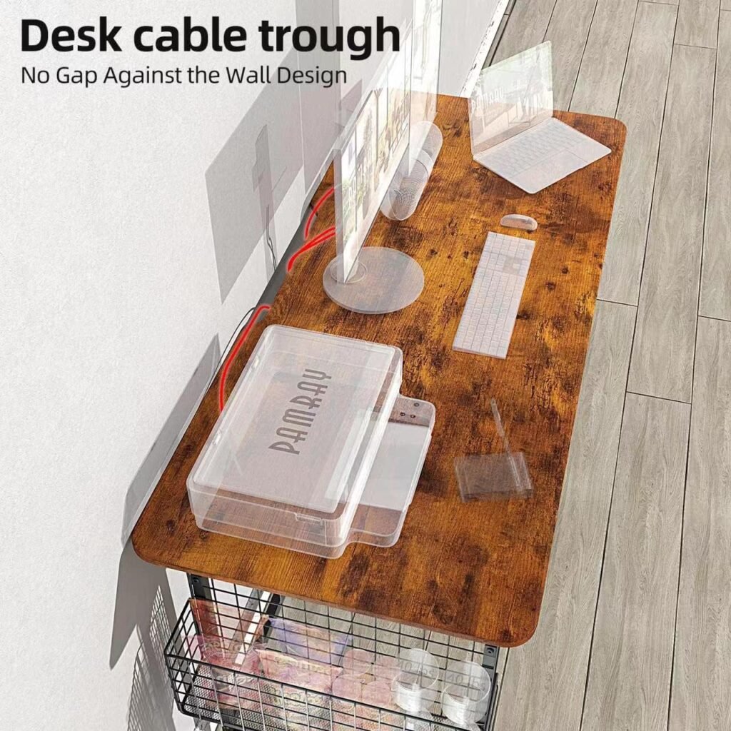 Pamray 32 Safety Rounded Corner Home Office Desk with Cable Trough and Under Desk Cable Management Simple Computer Desk for Work and Gaming, Vintage Brown