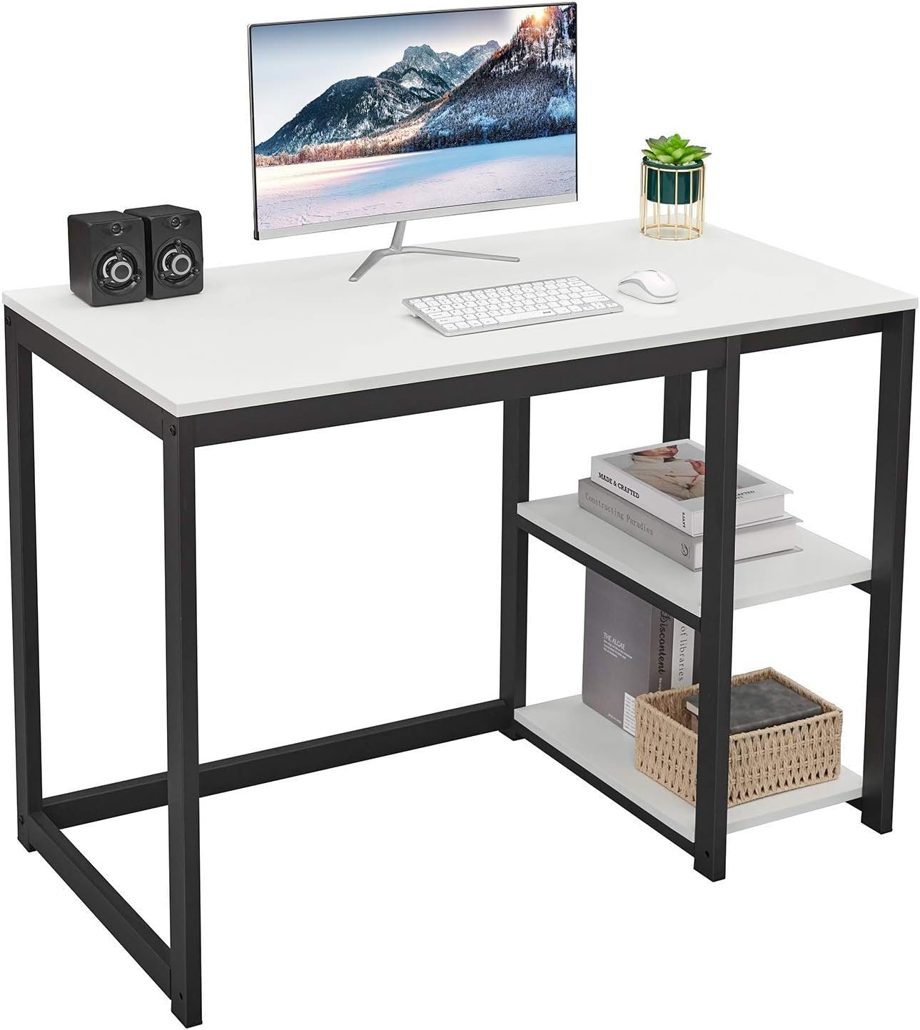 SINPAID Computer Desk 40 inches with 2-Tier Shelves Sturdy Home Office Desk with Large Storage Space Modern Gaming Desk Study Writing Laptop Table, White Desk