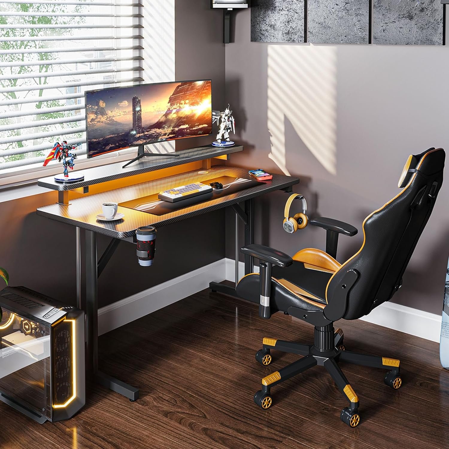 Small Gaming Desk with LED Lights, Computer Desk 31 Inch Gaming Table with Monitor Shelf, PC Desk with Cup Holder and Headphone Hook, Gamer Desk with Carbon Fiber Texture, Boys Desk Gift for Men