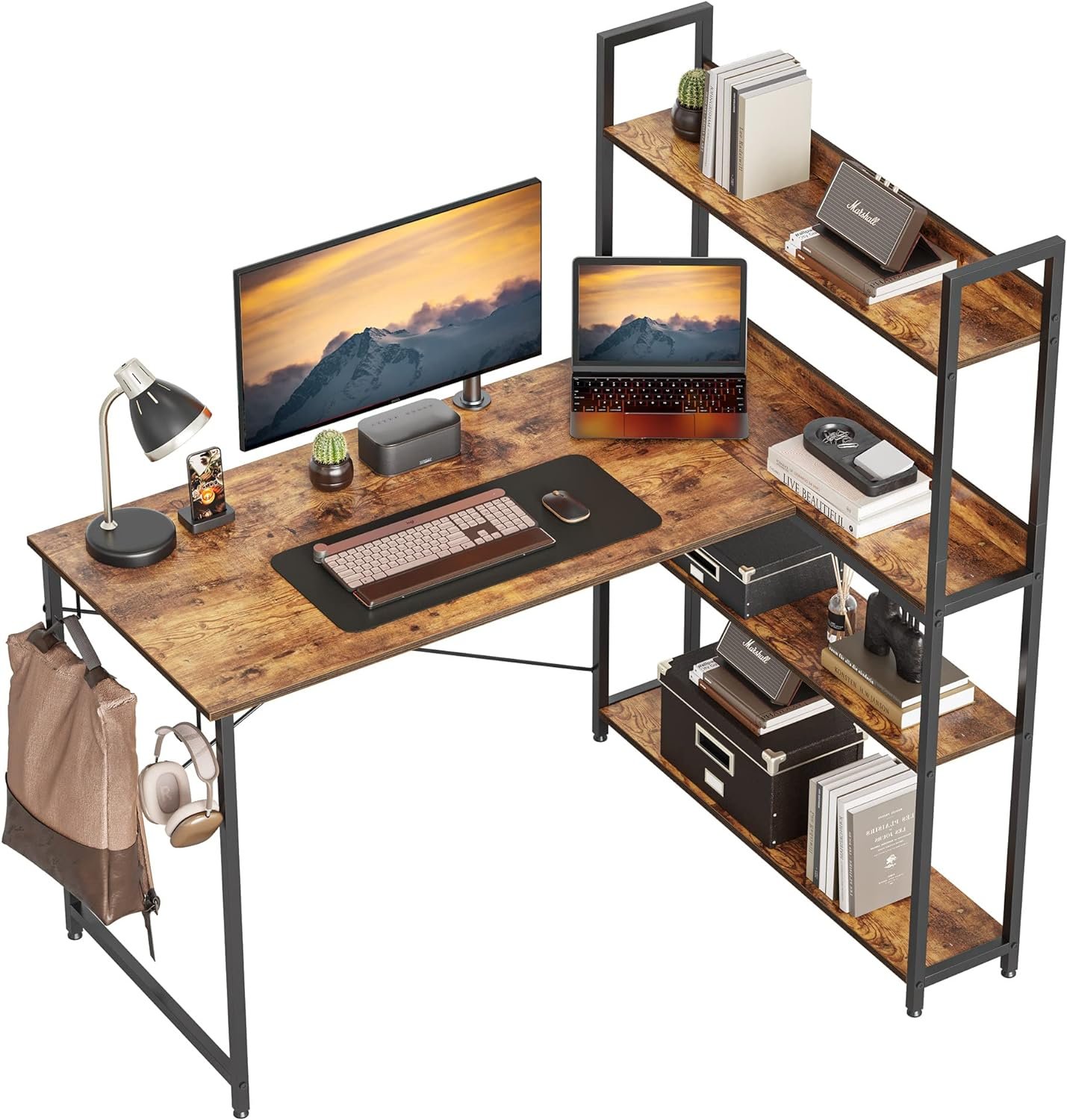 CubiCubi Computer Corner Desk with Storage Shelves, 47 Inch Small L Shaped Computer Desk, Home Office Writing Desk with 2 Hooks, Rustic Brown