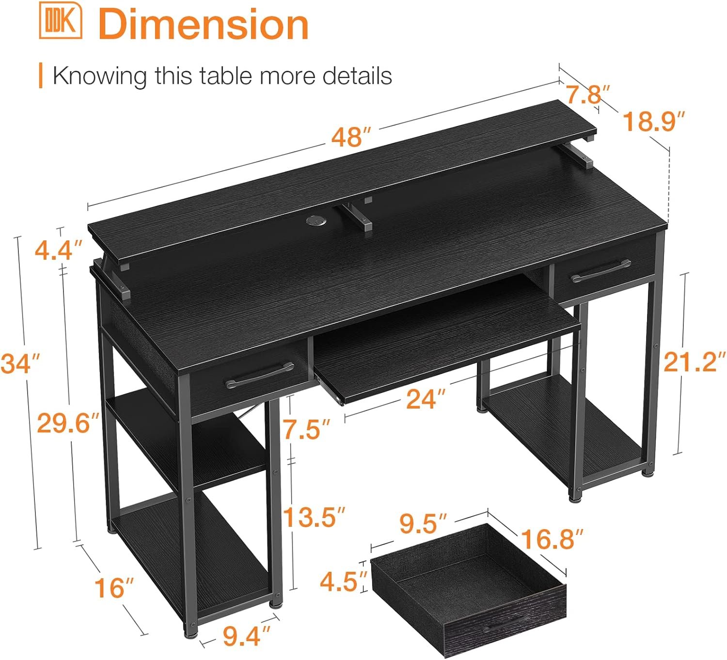 ODK Computer Desk, 48 Office Desk with Keyboard Tray, Writting Desk with Drawers and Monitor Stand, Study Table with CPU Stand and Removable Shelf for Storage, Whtie