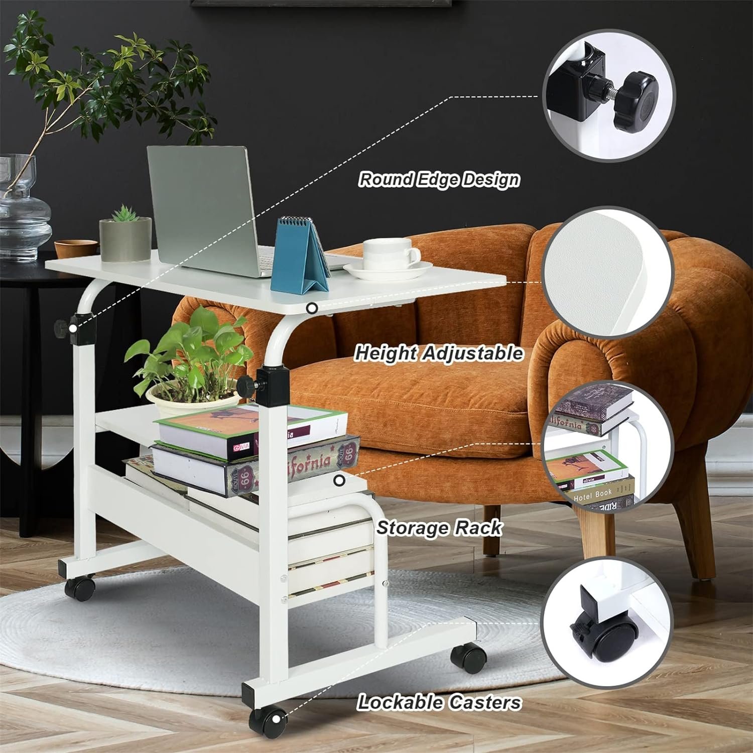 QZMDSM Small Desks Portable Laptop Computer Desk for Small Spaces Adjustable Desk Standing Desk for Bedrooms Couch Desk for Home Office Table Mobile Rolling Desk on Wheels White Desk with Storage