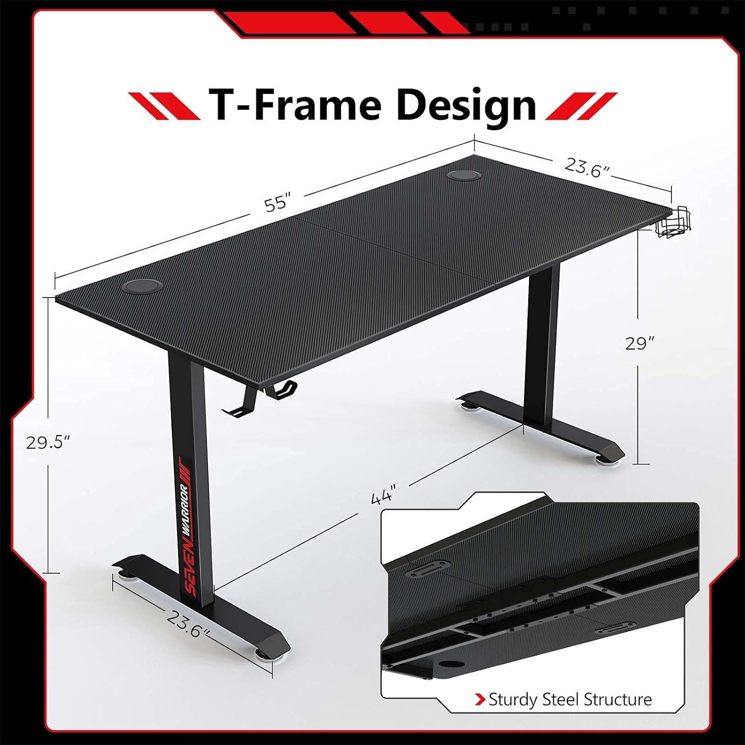 SEVEN WARRIOR Gaming Desk 55 INCH, T- Shaped Carbon Fiber Surface Gamer Desk with Full Mouse Pad, Ergonomic E-Sport Style with Double Headphone Hook, USB Gaming Rack, Cup Holder