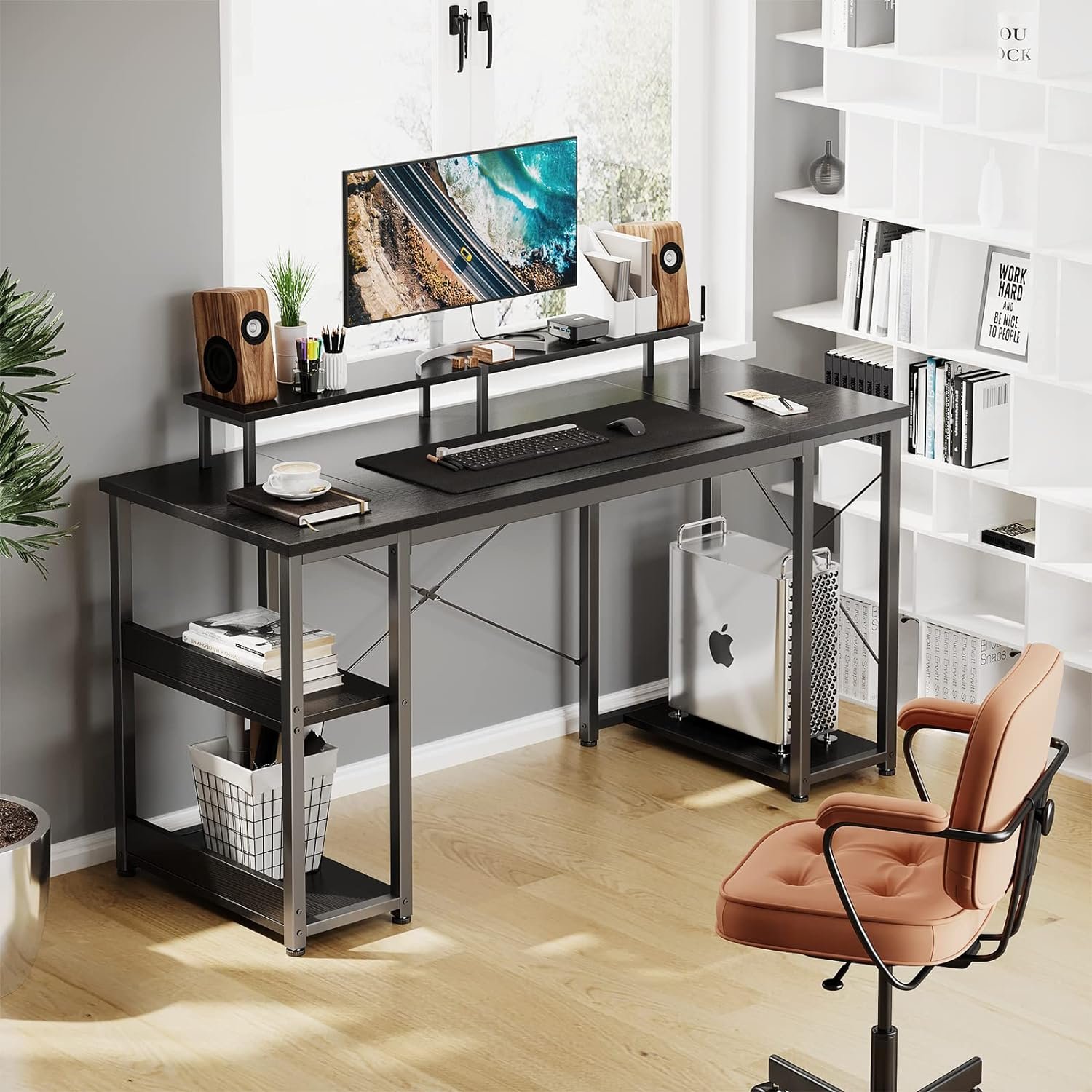 ODK Computer Desk with Shelves, 55 Home Office Desk with Storage, Study Writing Table, Modern Simple Style PC Desk, Stable Workstation, Black