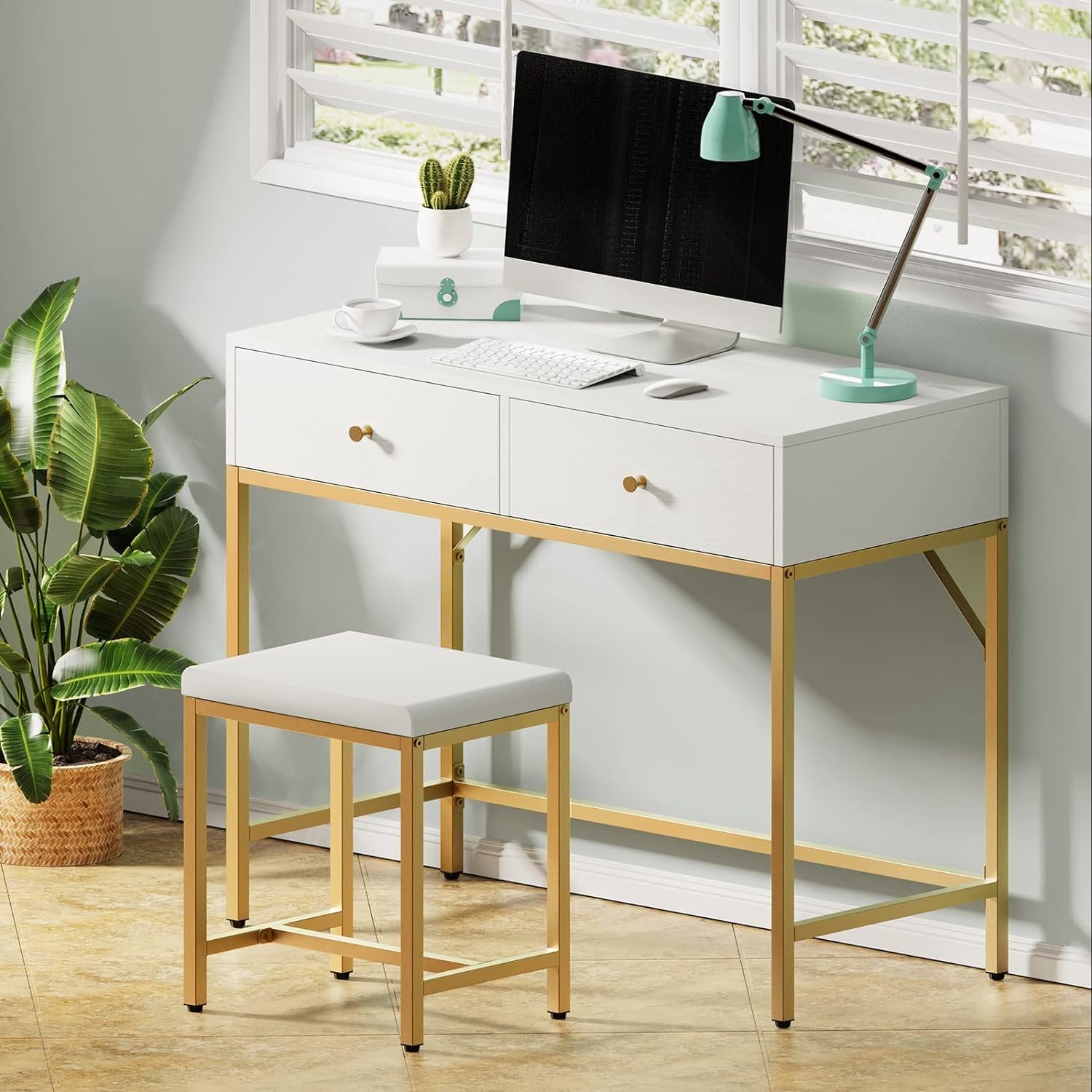 SUPERJARE 35.4 White and Gold Desk with 2 Drawers, Modern Makeup Vanity Desk with Padded Stool, Small Computer Desk Home Office Desk for Writing Study Bedroom