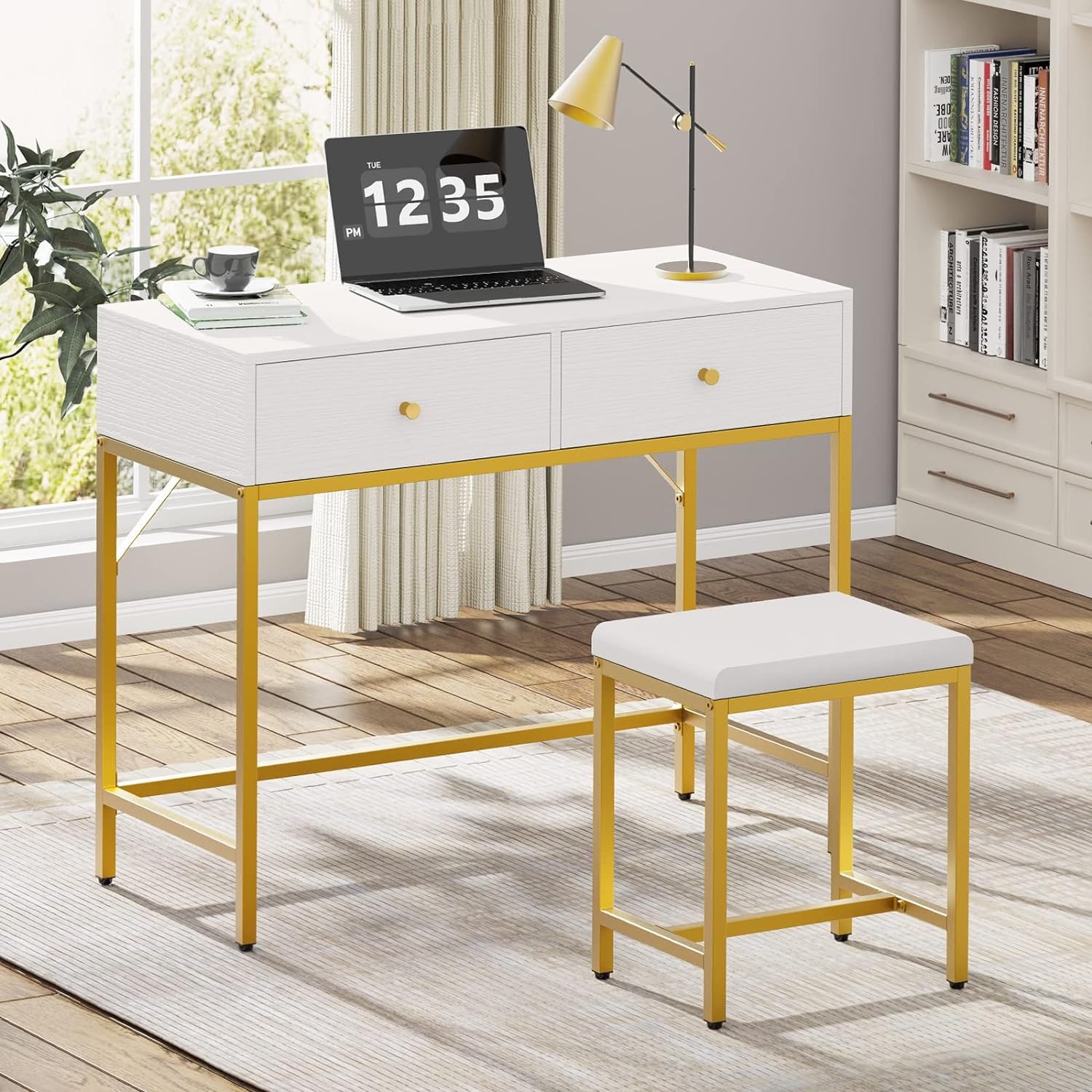 SUPERJARE 35.4 White and Gold Desk with 2 Drawers, Modern Makeup Vanity Desk with Padded Stool, Small Computer Desk Home Office Desk for Writing Study Bedroom