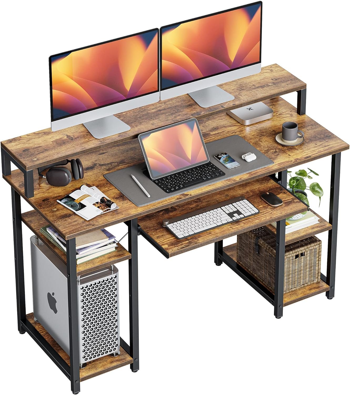 CubiCubi 47 Inch Computer Desk with Storage Shelves Monitor Stand Keyboard Tray, Home Office Desk, Study Writing Table, Rustic Brown