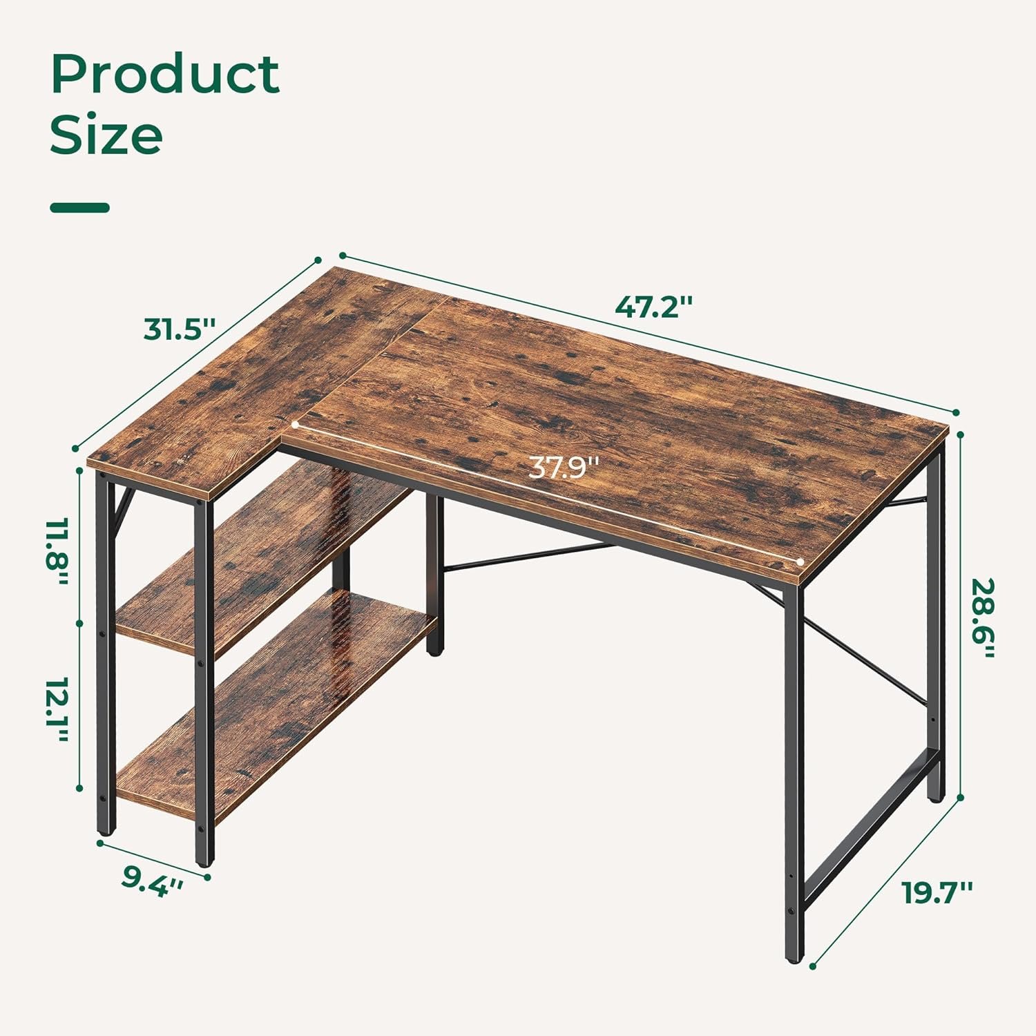 L Shaped Computer Desk with Reversible Storage Shelves, Gaming Corner Desk for Home Office, Writing Study Desk with Metal Frame, Rustic Brown