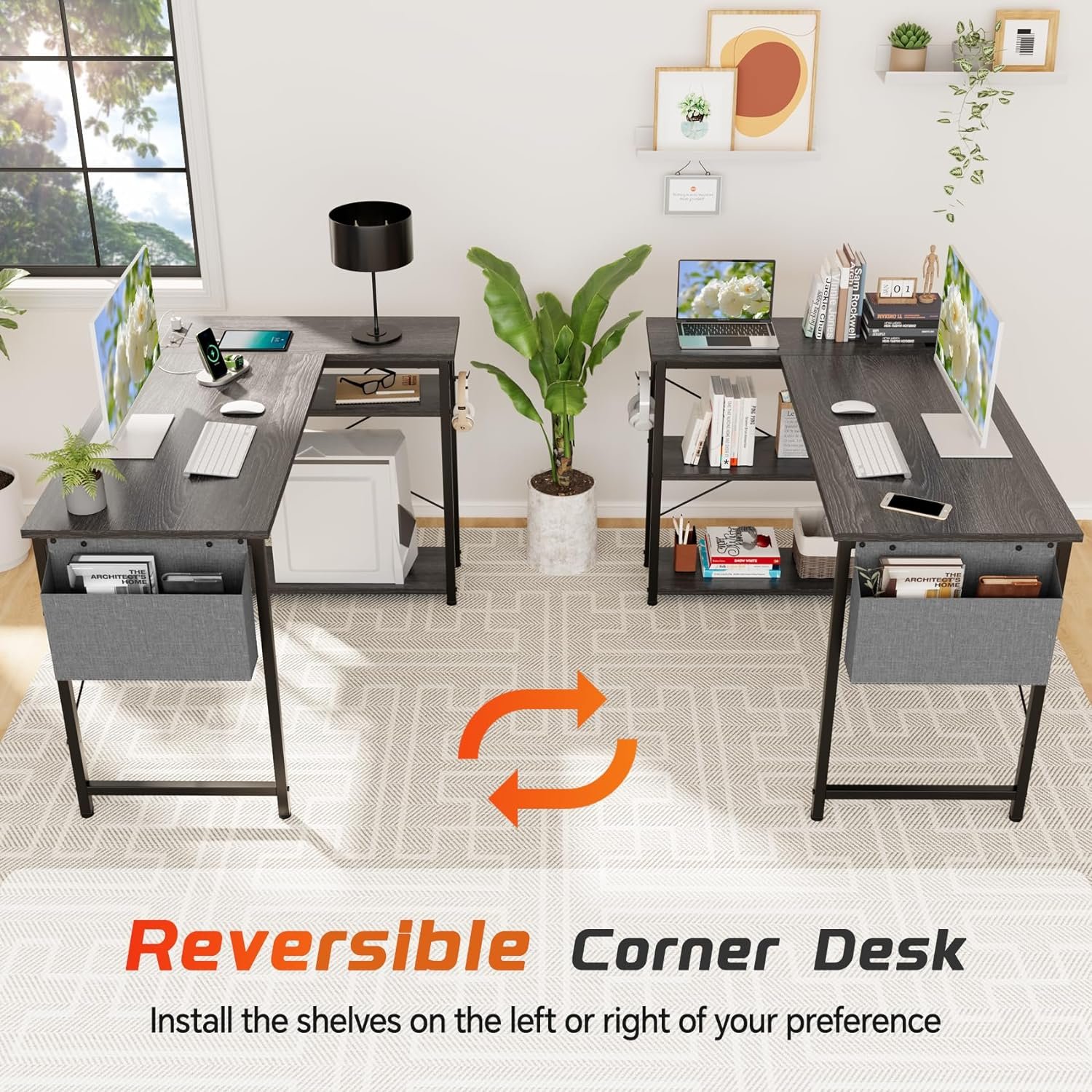 L Shaped Desk with Outlets  USB Ports, Reversible 47 Inch Computer Desk with Shelves, Corner Desk, Office Desk, Black Oak