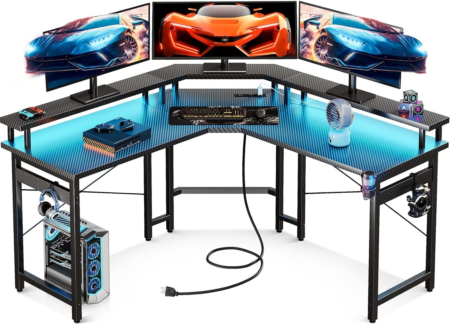 ODK L Shaped Gaming Desk with LED Lights  Power Outlets, 51 Computer Desk with Full Monitor Stand, Corner Desk with Cup Holder, Gaming Table with Hooks, Black Carbon Fiber