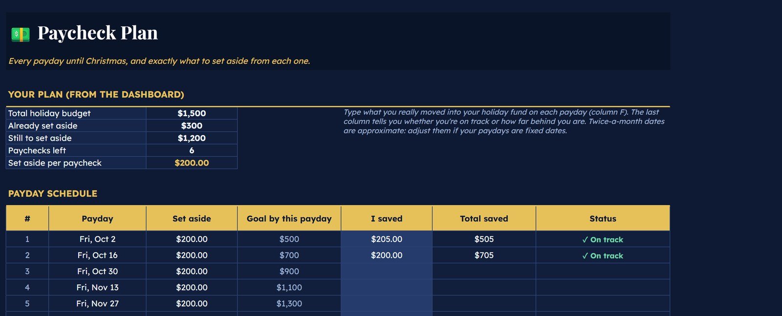 Paycheck plan listing every payday until Christmas with the amount to set aside