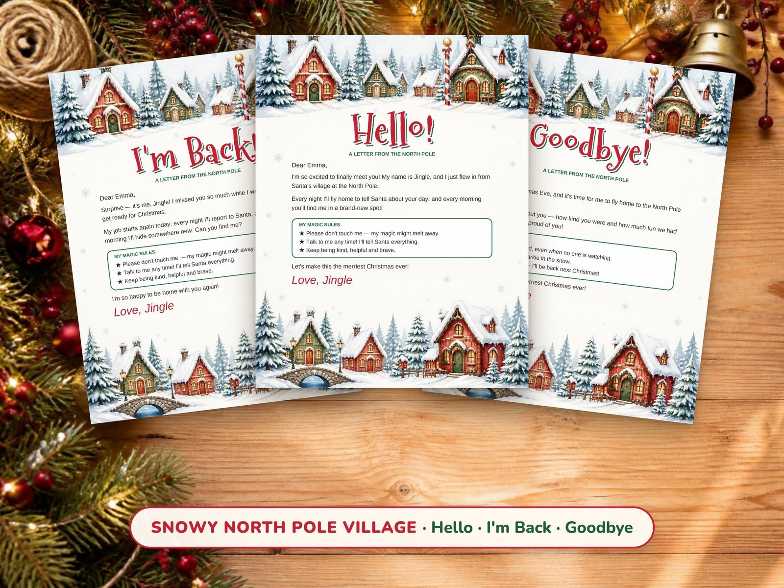 Snowy North Pole Village elf letters — hello, I'm back and goodbye