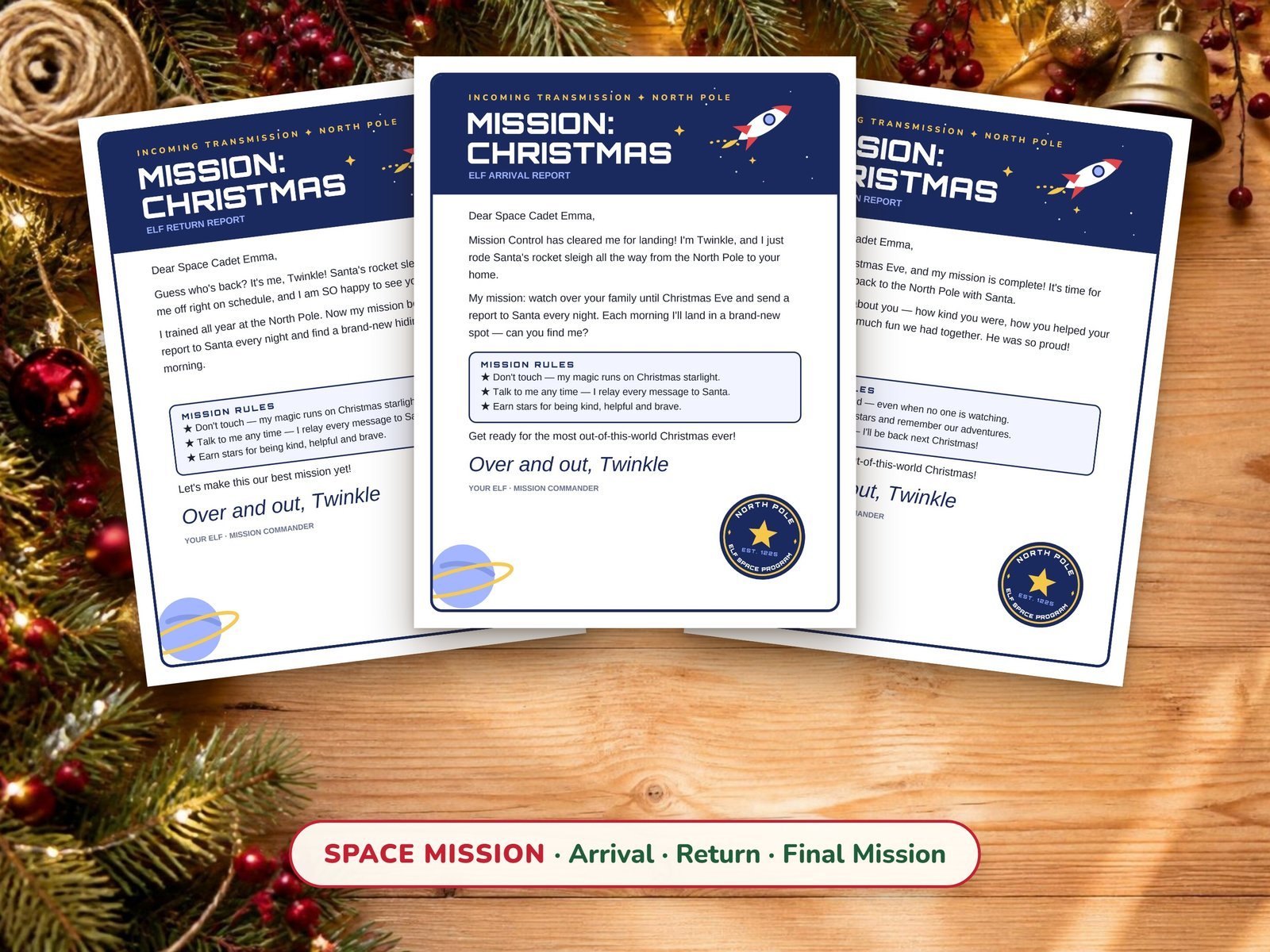 Space Mission elf letters — arrival, return and final mission report