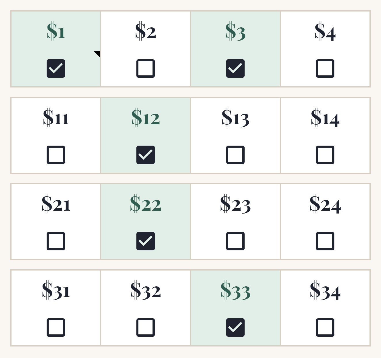 Envelope grid with checkboxes, filled envelopes in green